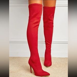 Red Solid Color Stretch Fabric Over-the-knee Boots With Side Zipper